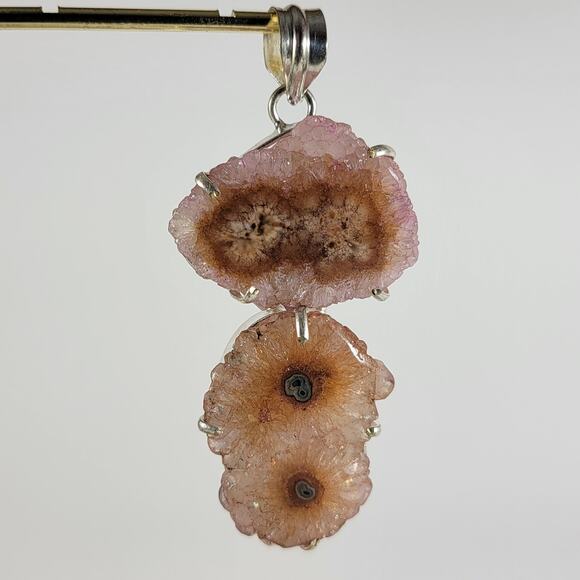Handmade Silver Pendant – Pink Stalactite Slice + 20" Sterling Silver Chain - Picture 1 of 10